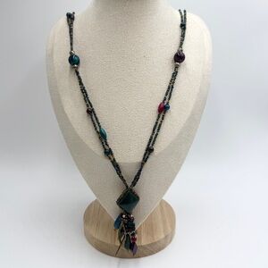 Vintage Boho Statement Necklace Multicolor Beads Long Tassel Pendant